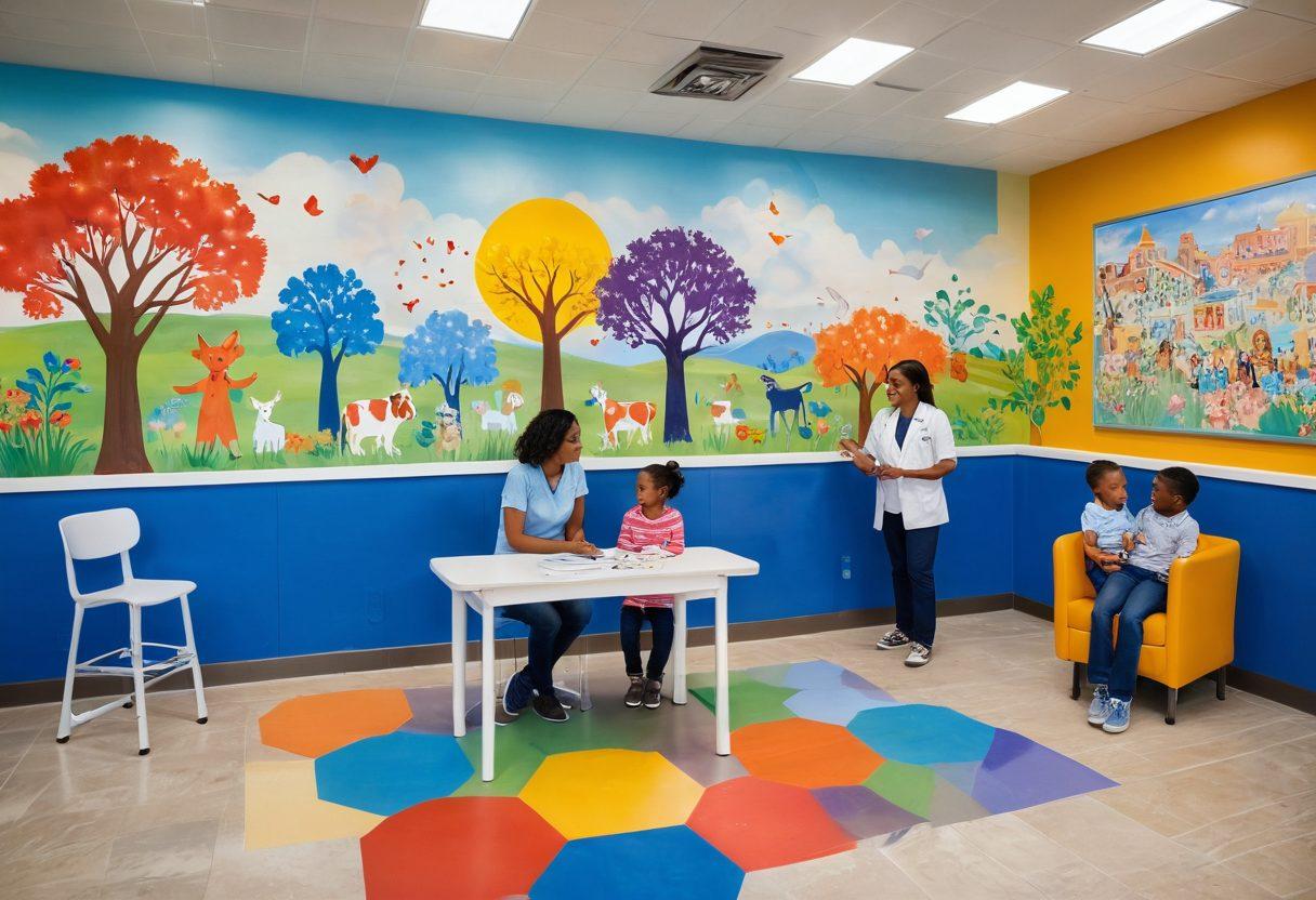 A warm and inviting scene depicting a diverse family exploring a bright, modern pediatric clinic in Texas. Include playful elements like colorful murals and friendly healthcare professionals interacting with children. Emphasize empowerment through images of parents discussing with a pediatrician, showcasing trust and support. Incorporate Texas elements, such as bluebonnets or a Lone Star flag subtly in the background. vibrant colors. super-realistic.