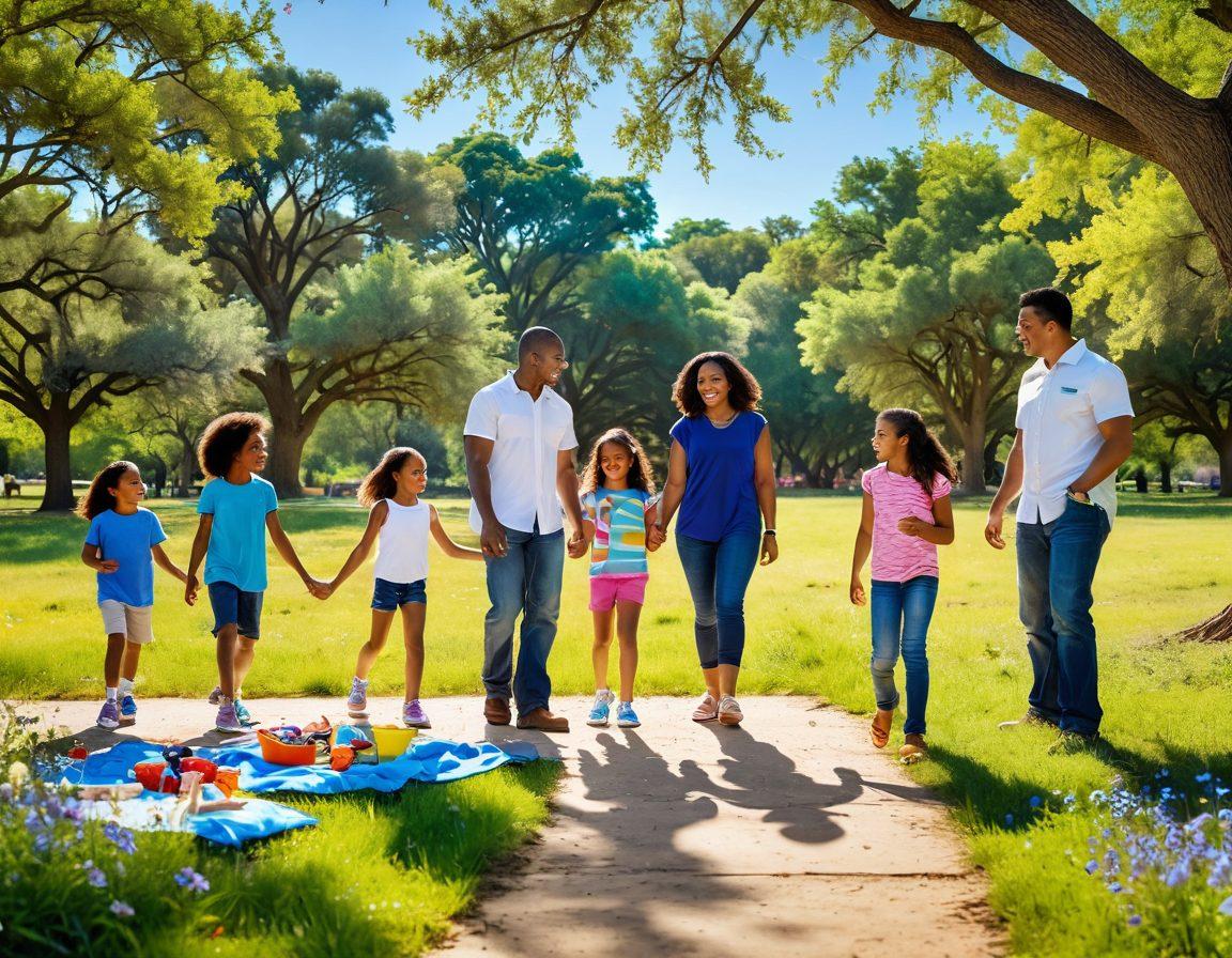 A warm and inviting scene of a diverse group of Texas parents engaging in outdoor activities with their children, surrounded by nature that exemplifies health and vitality, such as a park filled with blooming wildflowers and children playing. Include elements like healthy snacks, educational materials, and joyful interactions to symbolize empowerment and development. Bright blue skies and sunshine to create a cheerful atmosphere. super-realistic. vibrant colors. white background.