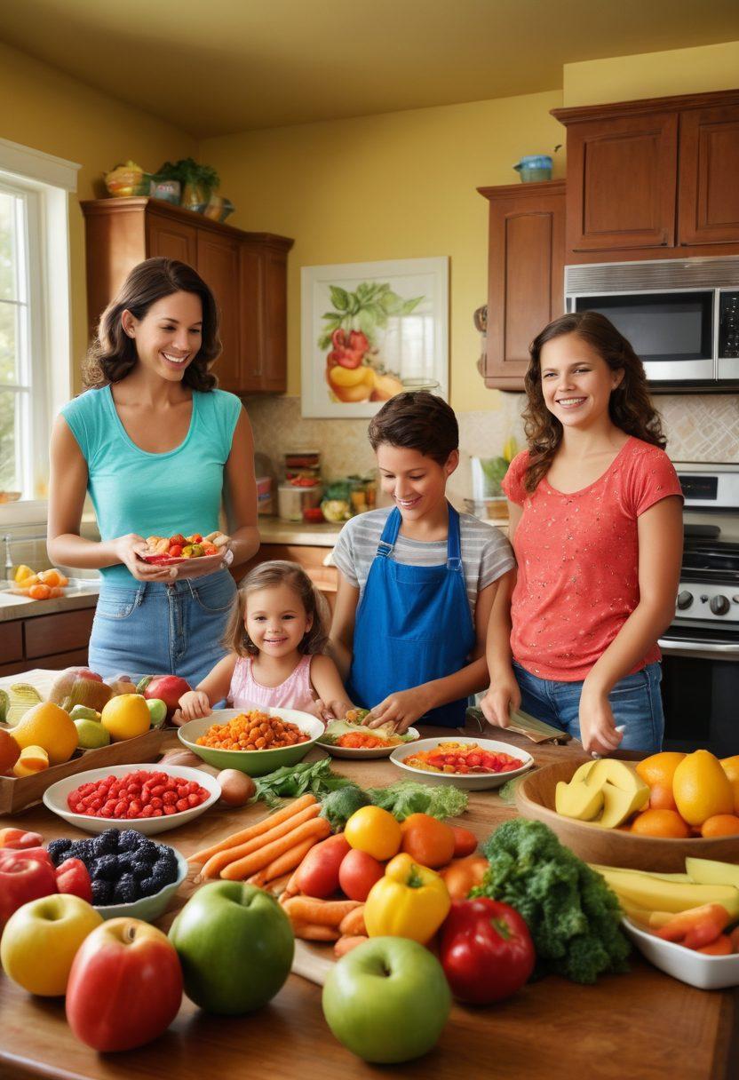 A cheerful family in a sunlit Texas kitchen, preparing a colorful meal together, showcasing fresh fruits, vegetables, and whole grains. A playful atmosphere with children helping out, a poster of healthy food choices on the wall, and Texas-themed decor. Lively expressions and interaction among family members, emphasizing nutrition and bonding. vibrant colors. super-realistic.